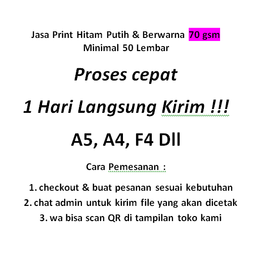 Langsung Proses Jasa Cetak / Print Fotocopy Online A4, A5, F4 Hitam Putih & Berwarna Termurah 70 Gsm