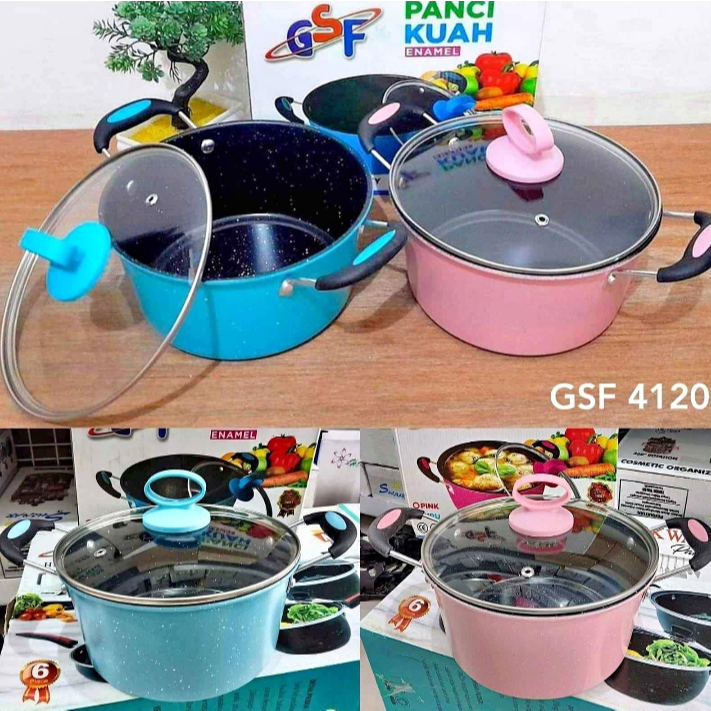 Panci Kuah 20 cm Enamel Warna GSF Tutup Kaca