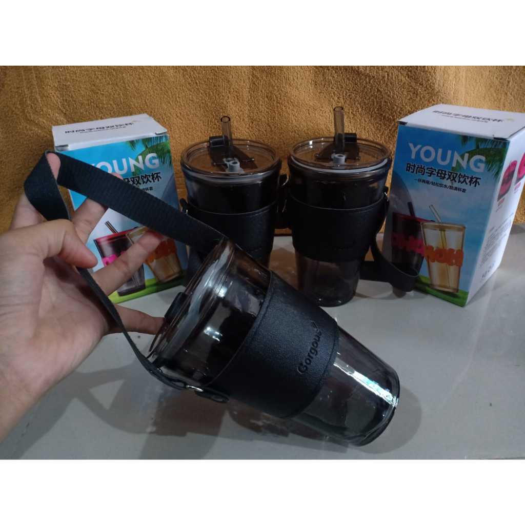 Tumbler Gelas Kaca Vintage Aesthetic Mug Kopi Tenteng Besar Dengan Cover Dan Sedotan Kaca 450ml B90N