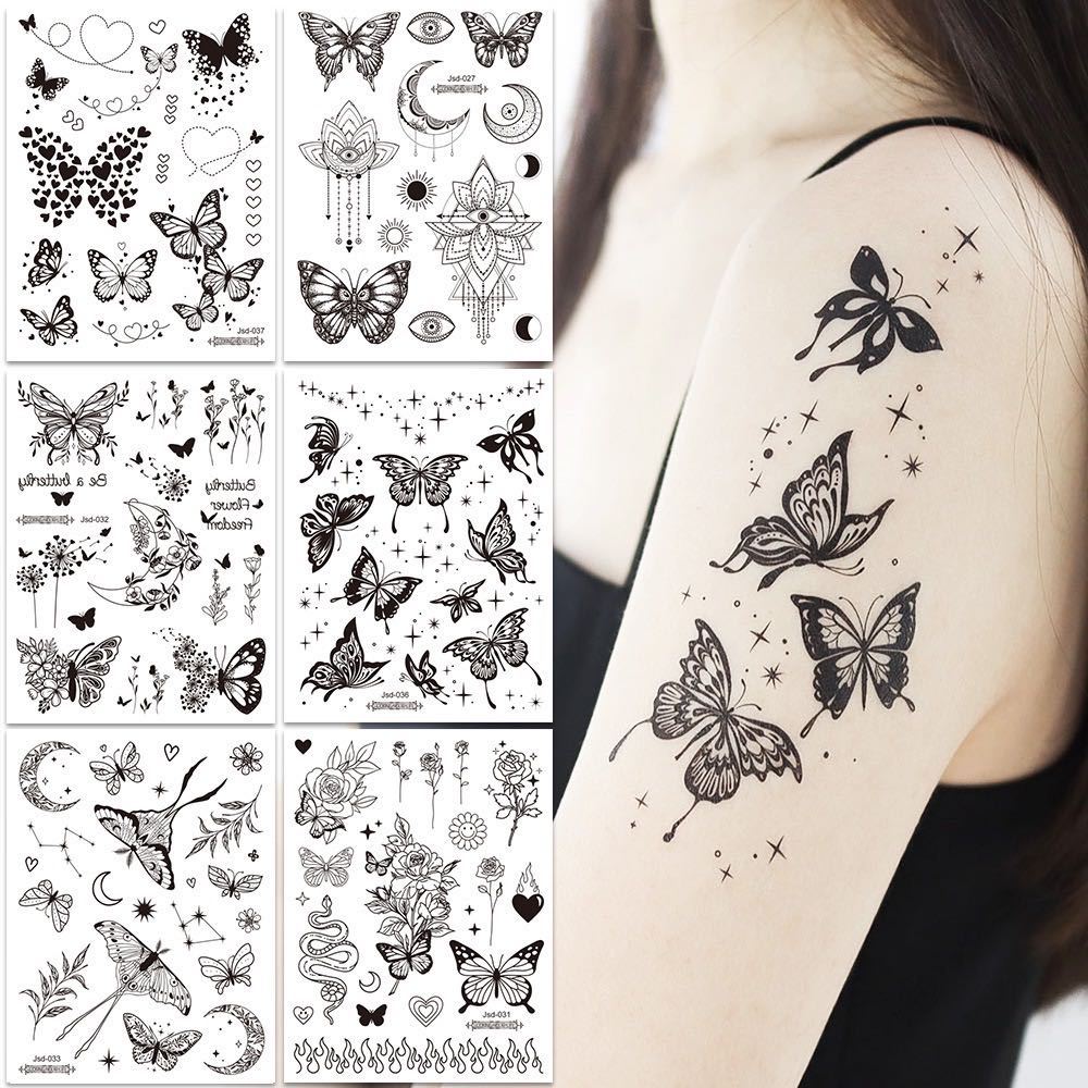 Stiker tato kupu-kupu hitam / tato temporer dada perempuan seksi / tato kupu-kupu cantik / tato seks
