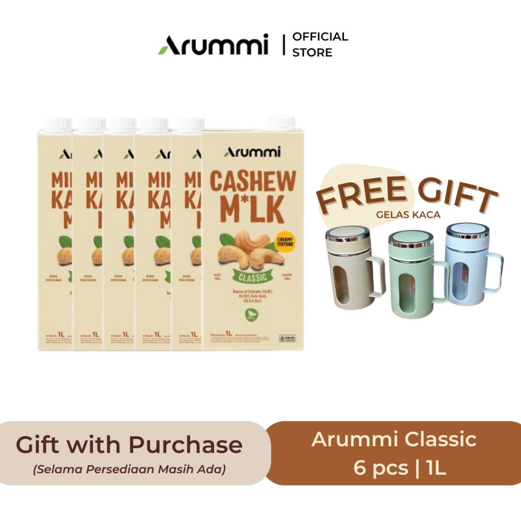 

Arummi Cashew Milk Classic 1L Non Dairy Milk Lactose Free - 6pcs FREE Gelas Kaca