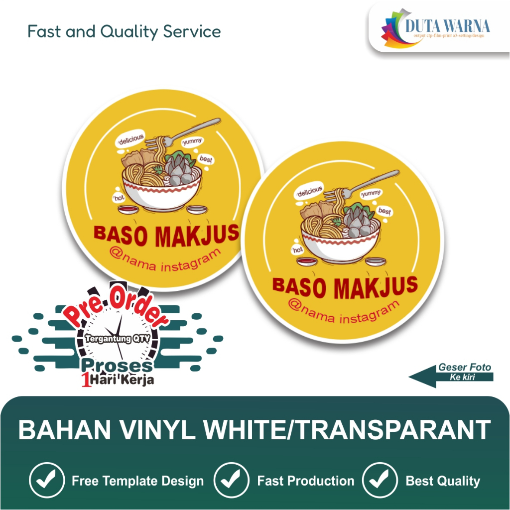 

Sticker Custom Anti Air, Vinyl White / Tranparan (Cetak + Cut). Model Bulat, Persegi & Sesuai Pola (Custom)