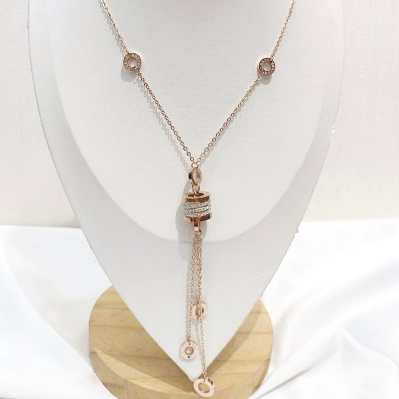 Kalung panjang titanium rantai tipis rumbai romawi zero ring diamond