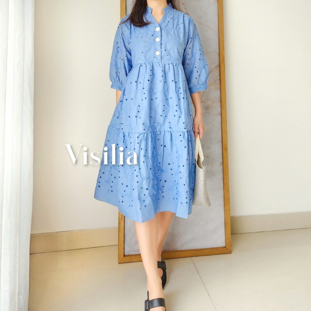 [VISILIA] Alice Dress | Korean Midi Dress Bahan Katun Bordir Full Furing All Size Bumil Busui Friend