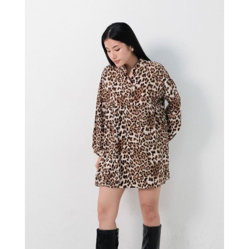 Gaun Mini Tunik Dancy Casual Wanita Simple Panjang - Model Terbaru Coklat Motif