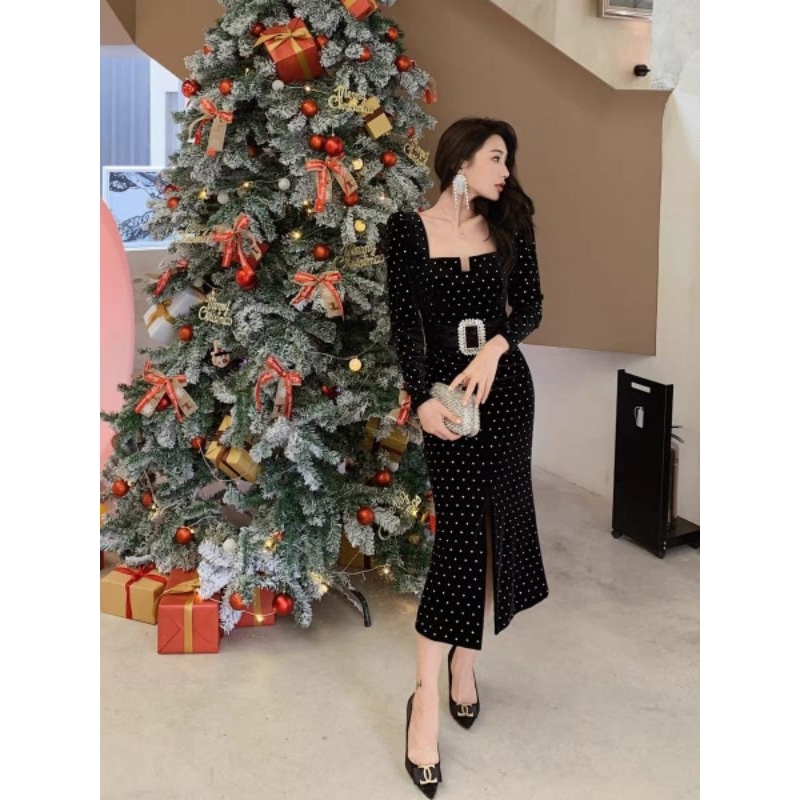 midi sleeve polka dot aline slit skirt dress premium europe paris dress gaun pesta wedding party eve