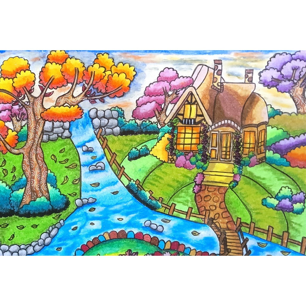 

Handmade Lukisan Rumah Pedesaan Berwarna - Gambar Manual Vernis Free Pigura Tempel - Karya Anak SD Unik