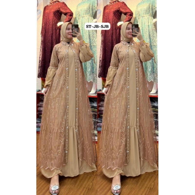 GAMIS OUTNER 2 IN 1 SET HIJAB GAMIS BROKAT MUTIARA MIX CERUTY PREMIUM LENGAN BALON GAMIS PESTA LEBAR