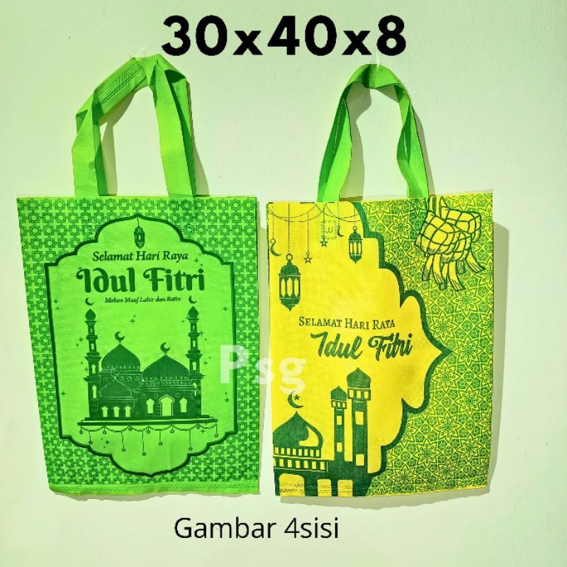

ISI 24TAS Lebaran idul fitri goodie bag hampers 30x40 hijau dan kuning parcel kemasan