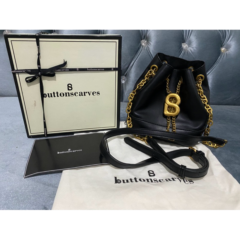 Preloved Buttonscarves Myra Black Bag Original Tas Selempang Asli Box Rantai Gold Serut
