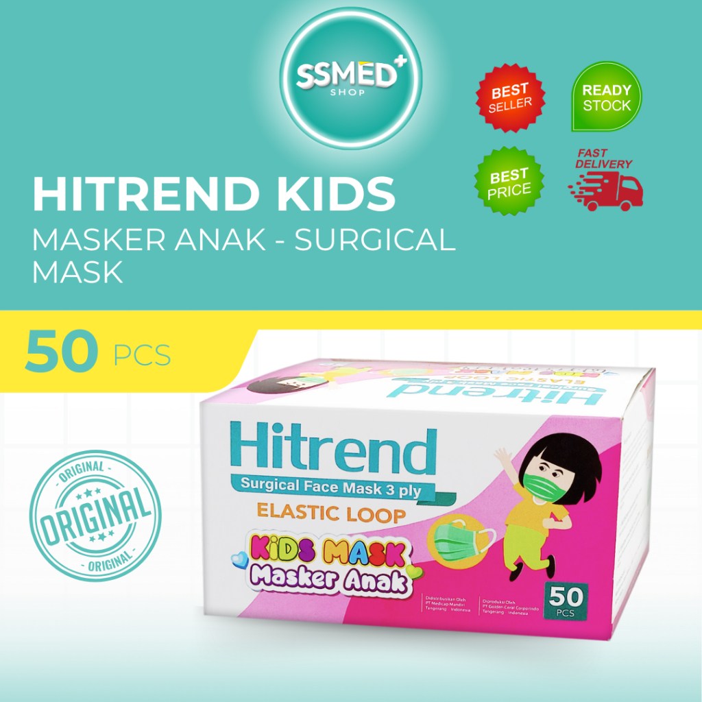 MASKER HITREND - KIDS MASK SURGICAL - MASKER 3Ply SURGICAL MASK BFE >99% - ISI 50 pcs