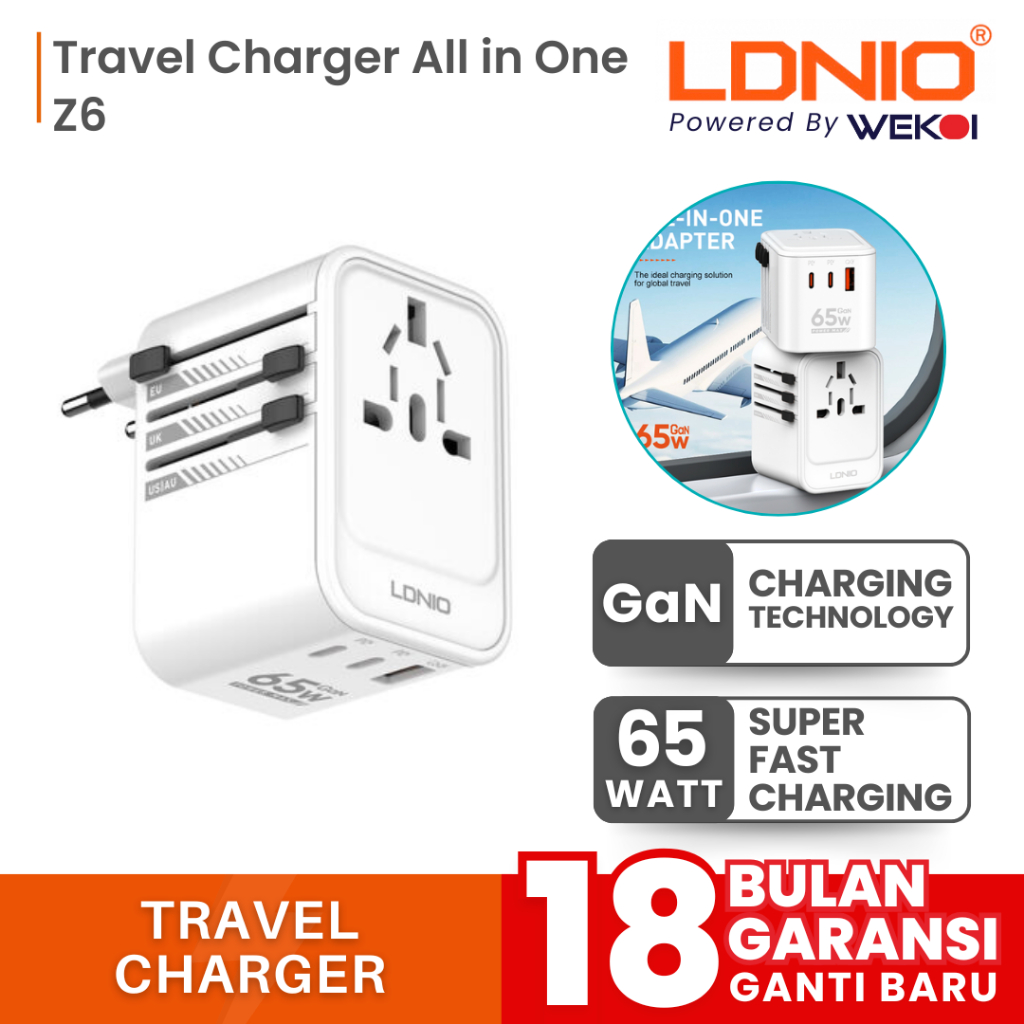 LDNIO Z6 Travel Converter Adapter Universal Gan Charger 65W Original