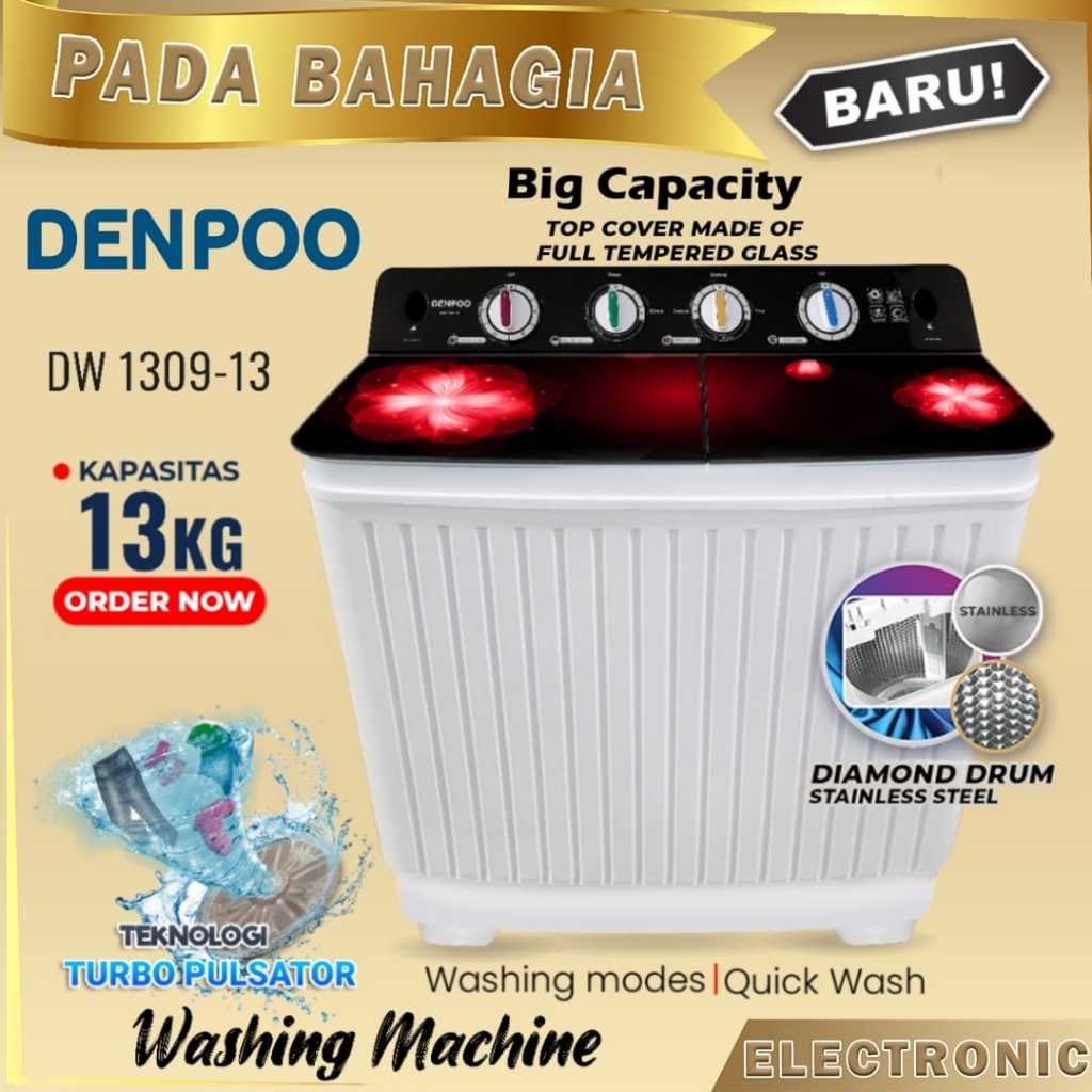 Mesin Cuci 2 Tabung 13 Kg Stainless Steel Denpoo New DW 1309H - 13 Kg Turbo Pulsator