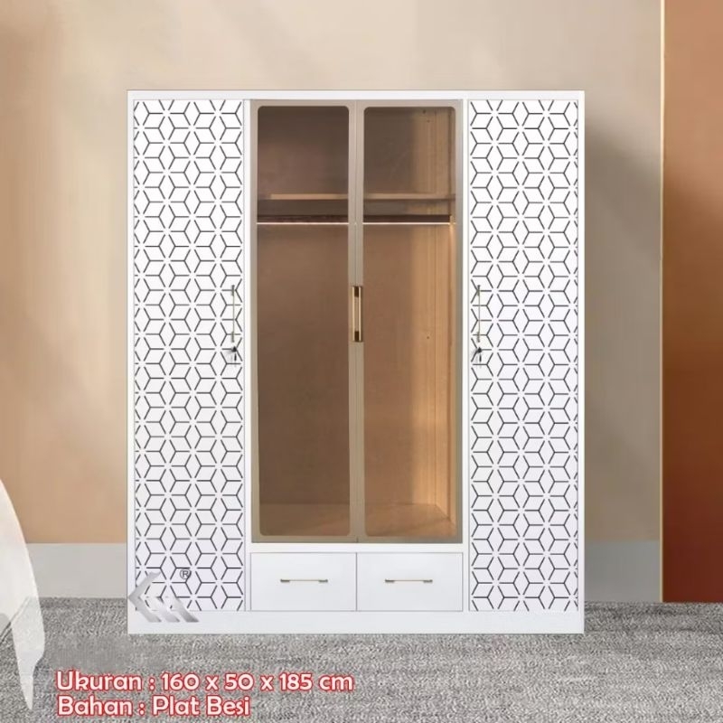Lemari Pakaian Besi 4 Pintu Lampu LED / Lemari Baju Besi 4 Pintu Impor Mewah + Lampu LED