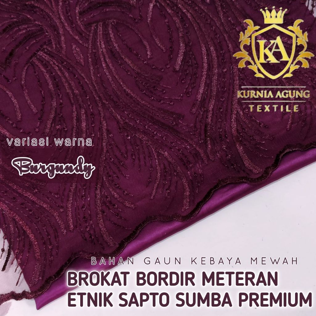 Kain Brokat Tile Bordir Meteran warna BURGUNDY Motif Etnik Sapto Sumba Tile Prancis Premium