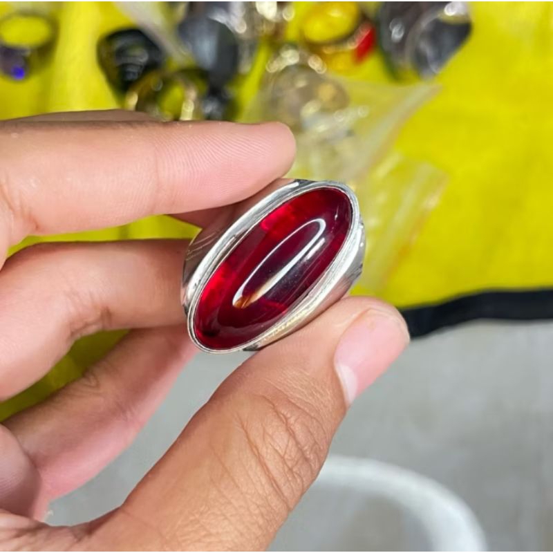 cincin batu akik merah siam bangkok model pandan asli natural - ring monel