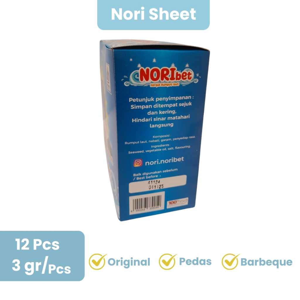 

Ay00! NORIbet Original/Pedas/Barbeque (1 Dus/Box isi 12 Pcs) - NSheet/Sachet Seaweed Snack Rumput