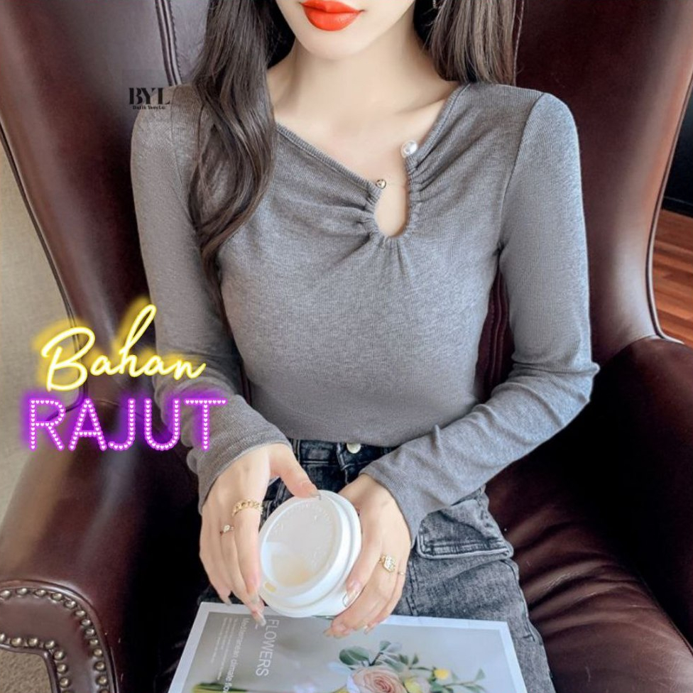 Kaos Wanita Lengan Panjang Motif Kail Mutiara Halus Softknit Inner Manset Lengan Panjang 2509 yes