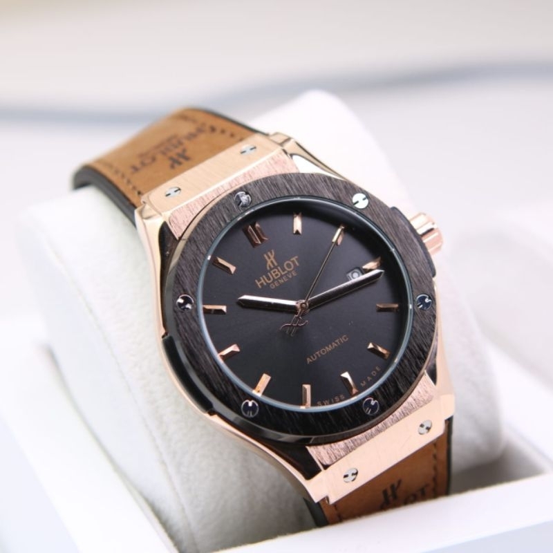 Jam Tangan Hublot Clasic Automatic Otomatic Rosegold Tanggal Leather Rubber Super Jam Tangan Pria