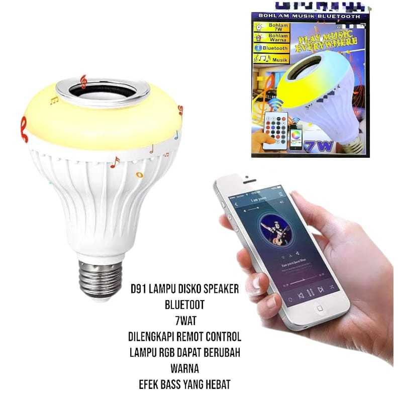 D91 ORI BOLAM LAMPU DISCO LED DISKO 7w SPEAKER BLUETOOTH MUSIK 2 IN 1 2IN1 SPEKER WIRELESS RGB E27 S