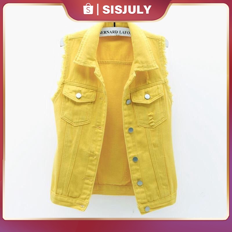 [Ready] Rompi denim wanita / jaket ramping tanpa lengan pendek / atasan denim rusak