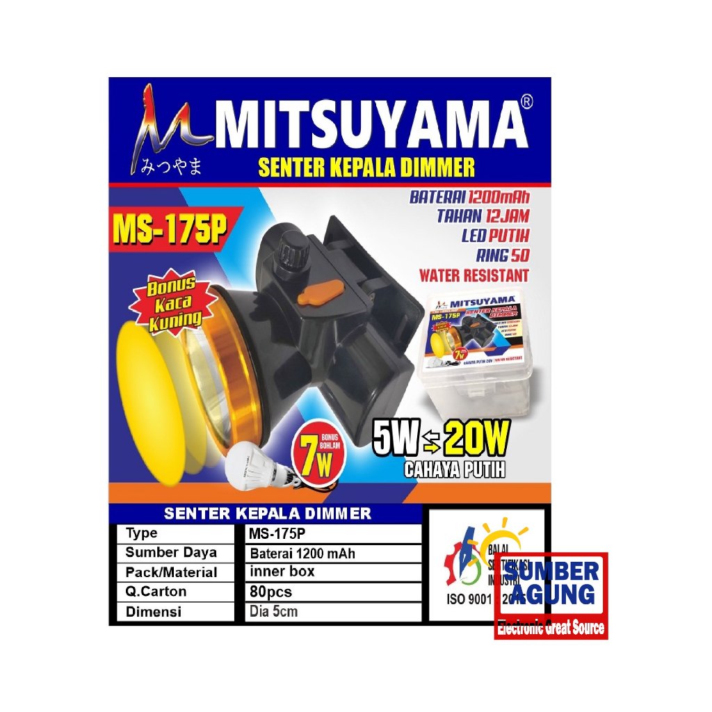 Senter Kepala MS175P Mitsuyama MS175 Cahaya Putih 50W Tahan 12jam Pemakaian Ring Kuning 50 Extra Len