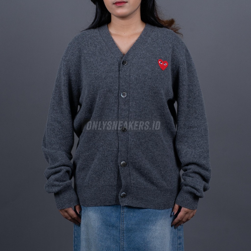 CDG PLAY RED HEART KNIT CARDIGAN SWEATER GREY