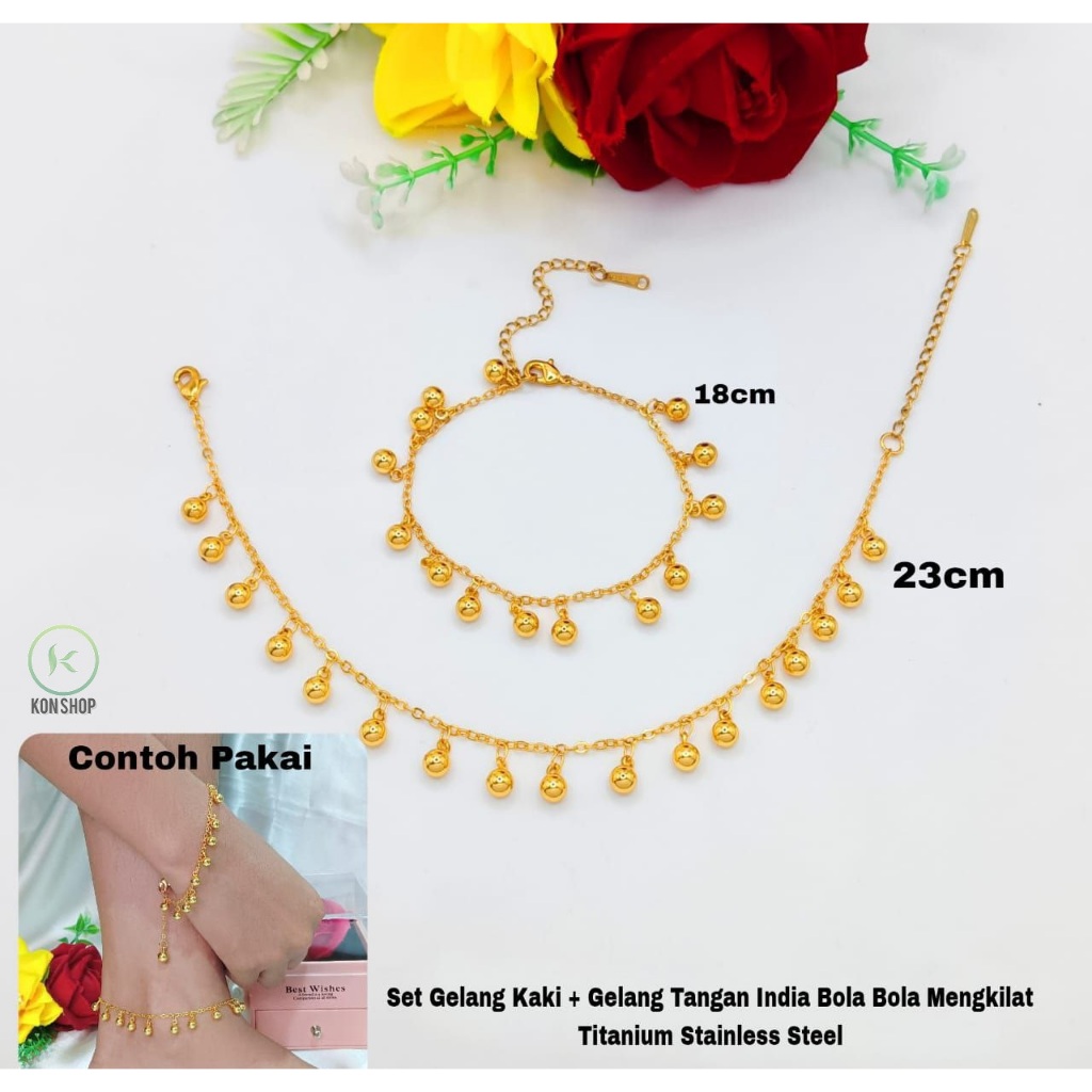 Set Gelang Kaki + Gelang Tangan India Bola Mengkilat Titanium Stainless Steel