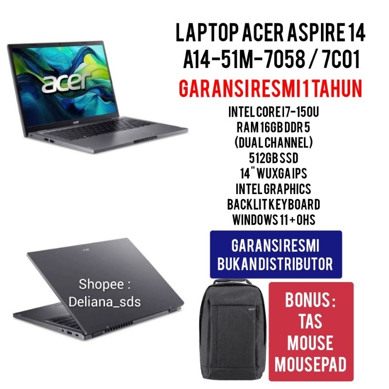 Laptop Acer A14 51M 7058 Intel Core I7-150U 16GB/512GB SSD 14" WUXGA IPS VGA Intel Graphics Garansi 