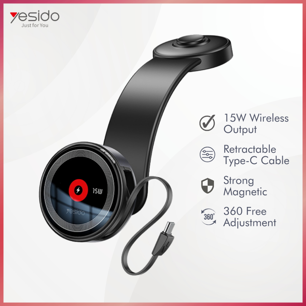 YESIDO 15W Magnetic Wireless Holder Wireless Retractable Cable Car Phone Charger