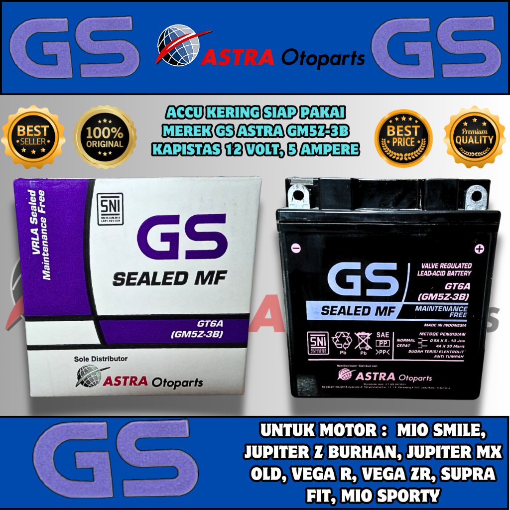 AKI ACCU KERING GS ASTRA GM5Z-3B MF UNTUK MOTOR MIO SPORTY MIO SMILE JUPITER Z MX LAMA VEGA R VEGA Z