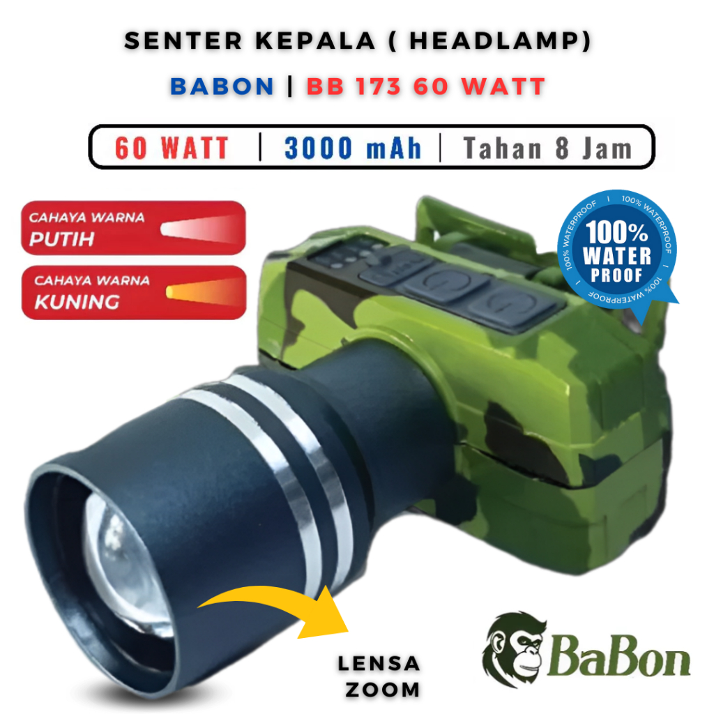 Senter Kepala Zoom 60w Babon Bb-173 Super Terang | Lampu Depan Tahan Air/Led Senter Super Terang/Ter