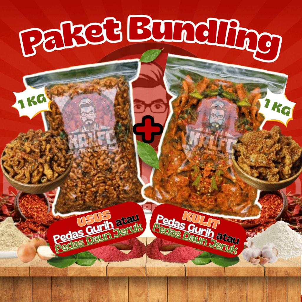 

PAKET BUNDLING UKURAN 1KG KULIT CRISPY & USUS CRISPY PEDAS DAUN JERUK Gurih Asin Balado