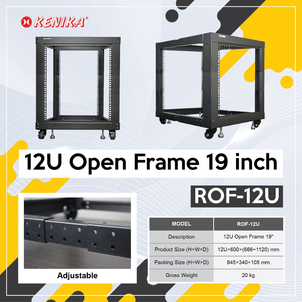 Kenika Oen Rack 12U Open Frame 19" (H12U x W600 x D(666~1120) mm) adjustable  ROF-12U