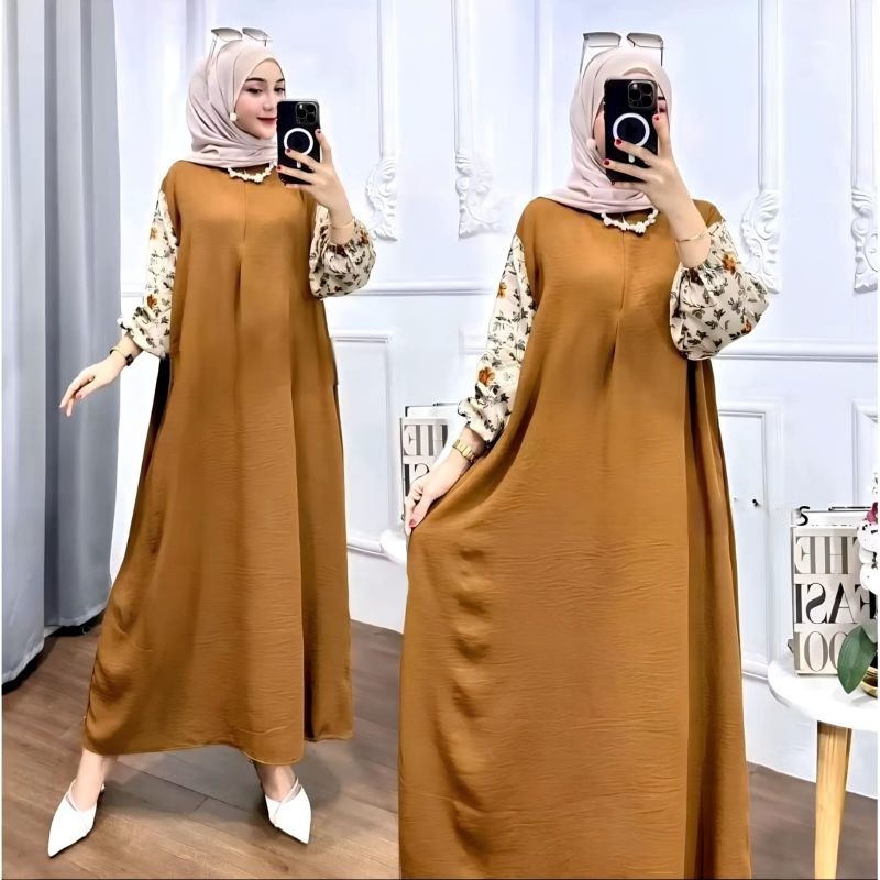 Paket 2 Pcs Nayla Dress Kombinasi bunga & Polos Gamis Kekinian Simple Fashion Muslimah
