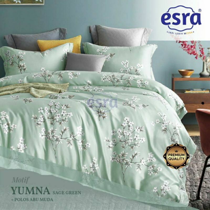 Bedcover + sprei anti geser katun esra motif YUMNA || 2 variasi warna || hijau dan biru