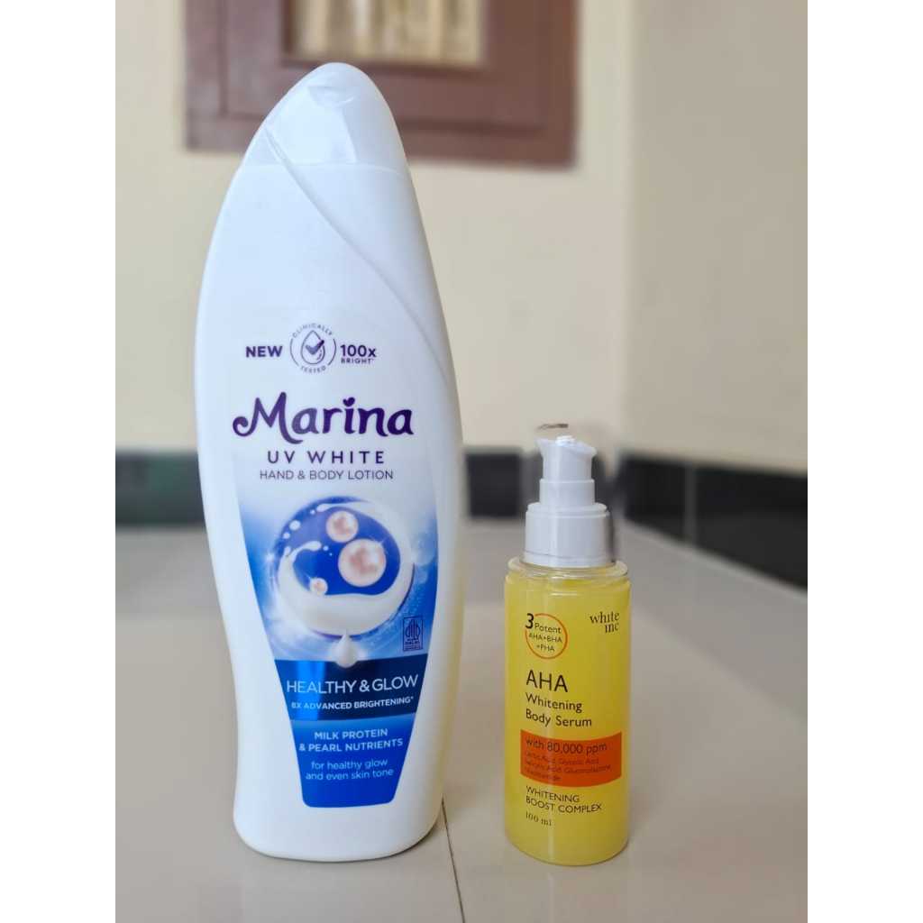 PAKET BESAR MARINA HEALTHY & GLOW 460ML | AHA whitening body serum white inc 100ml MENCERAHKAN MENGH