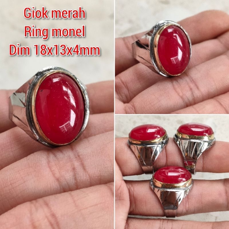 CINCIN PRIA BATU GIOK MERAH RED BARON SERAT DALAM RING MONEL CAKEP