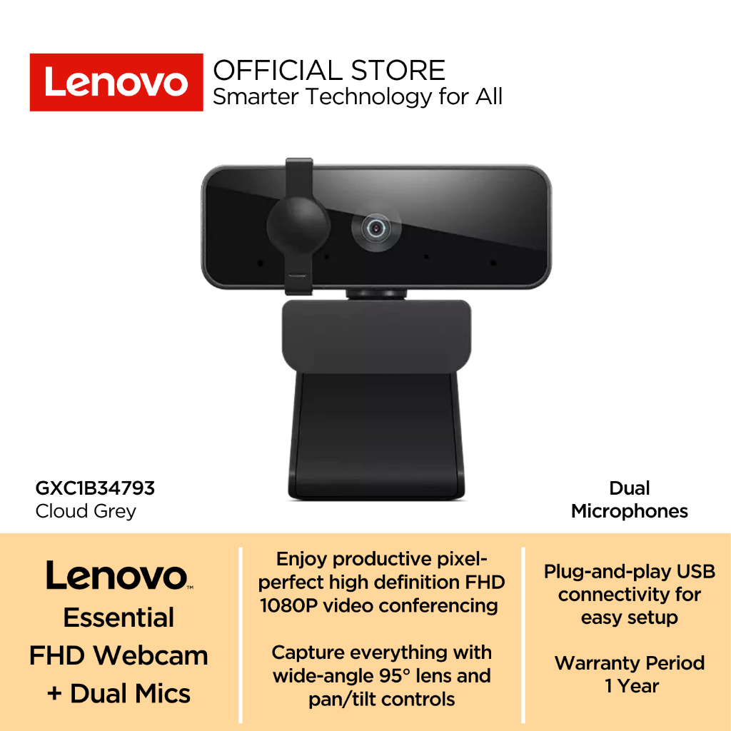 Lenovo Essential FHD Webcam 1080P 2MP CMOS Dual Microphones 4XC1B34802 Mics Plug & Play Wired USB