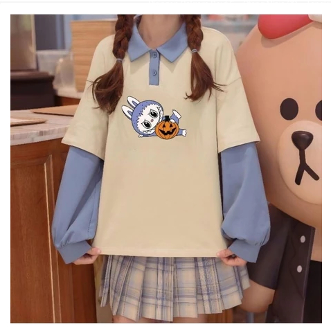 Sweater Kerah Polo Collar Big Size ( S - 6XL ) LENGAN DOUBLE LAYER LABUBU Mix Two Tone Jaket Wanita 