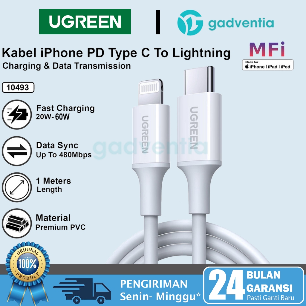 UGREEN Kabel Charger Data iPhone 14 13 12 11 Series Type C to Lightning Mfi Fast Charging