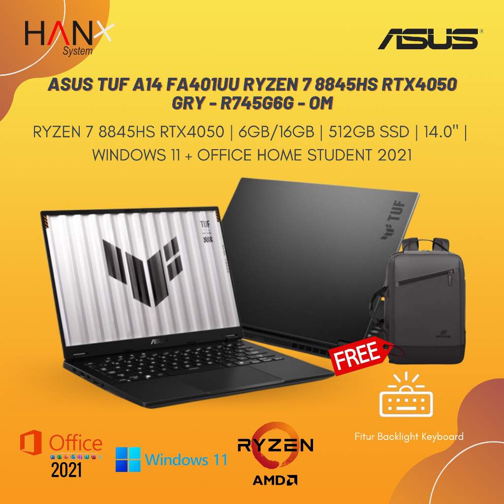 ASUS TUF A14 FA401UU RYZEN 7 8845HS RTX4050 6GB/ 16GB 512GB W11+OHS+O365 14.0QHD 165HZ 100SRGB GRY -
