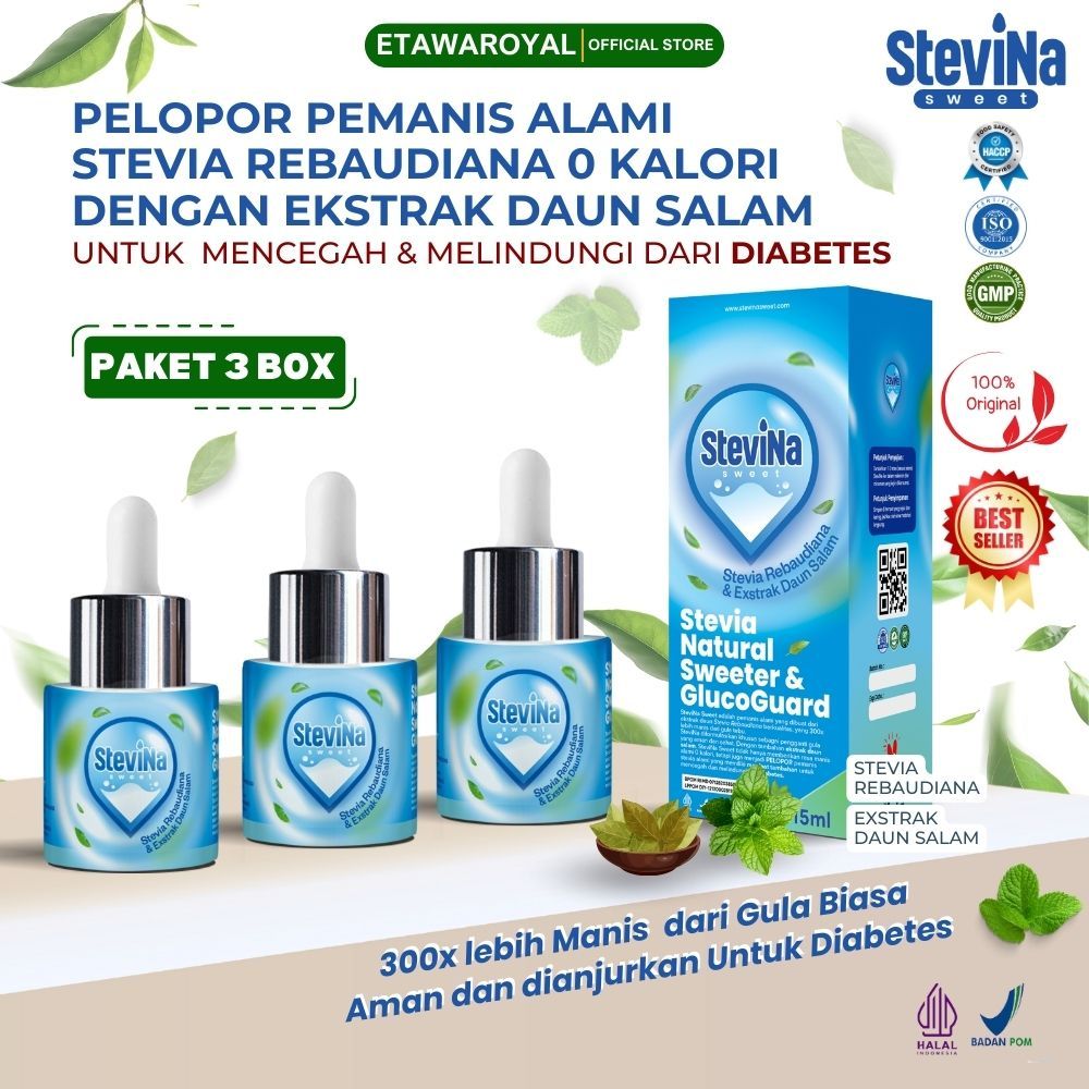 

Stevina Sweet Pemanis Stevia Alami 0 Kalori plus Herbal Daun salam Pengganti Gula untuk Penderita Hipertensi Kemasan 3 botol 15ml/botol