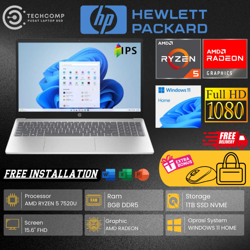 LAPTOP HP 15 AMD RYZEN 5 7520U RAM 8GB DDR5 1TB SSD FHD WINDOWS 11 ORIGINAL TERBARU OFFICIAL STORE