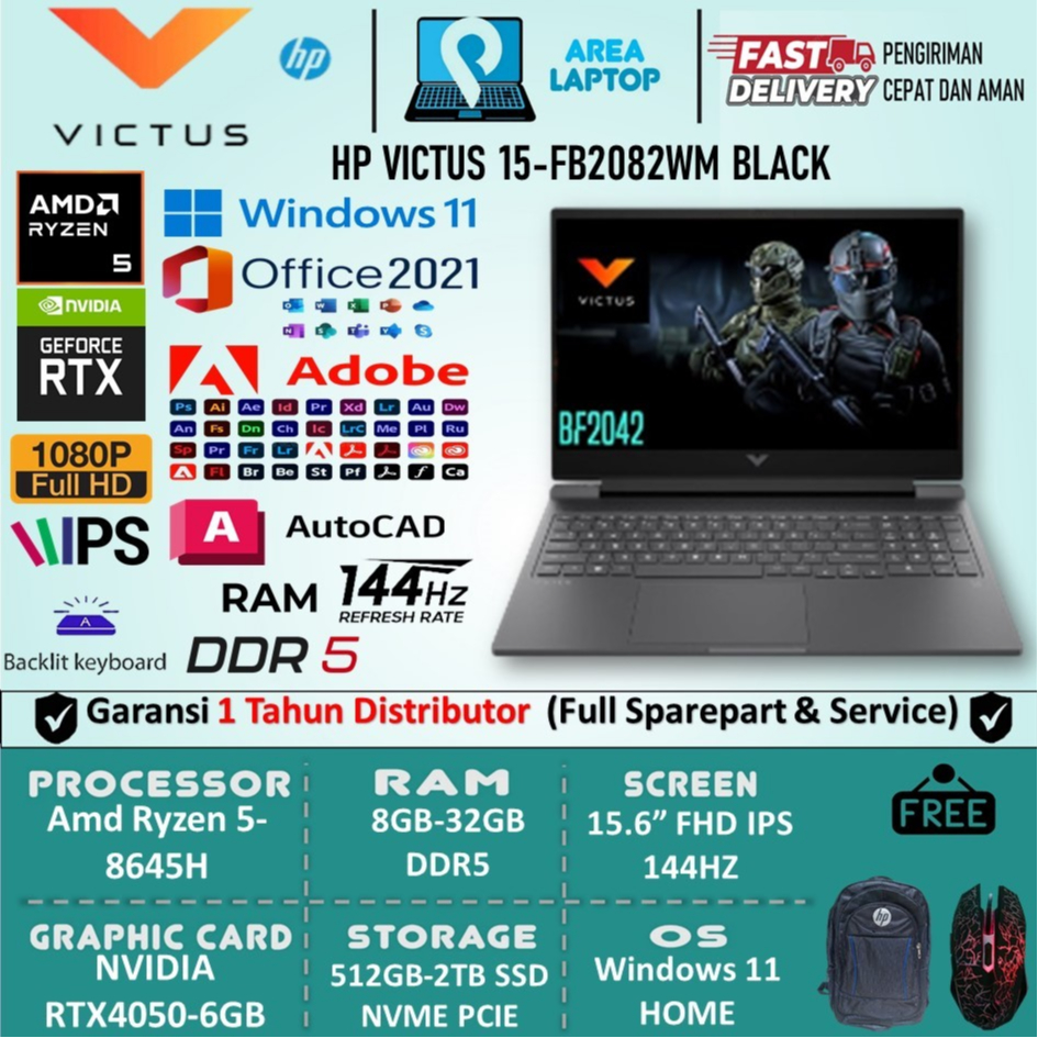 HP Victus 15 Gaming Amd Ryzen 5 8645H RTX4050-6Gb Ram 32Gb 1Tb SSD FHD 144HZ Win11 Termurah