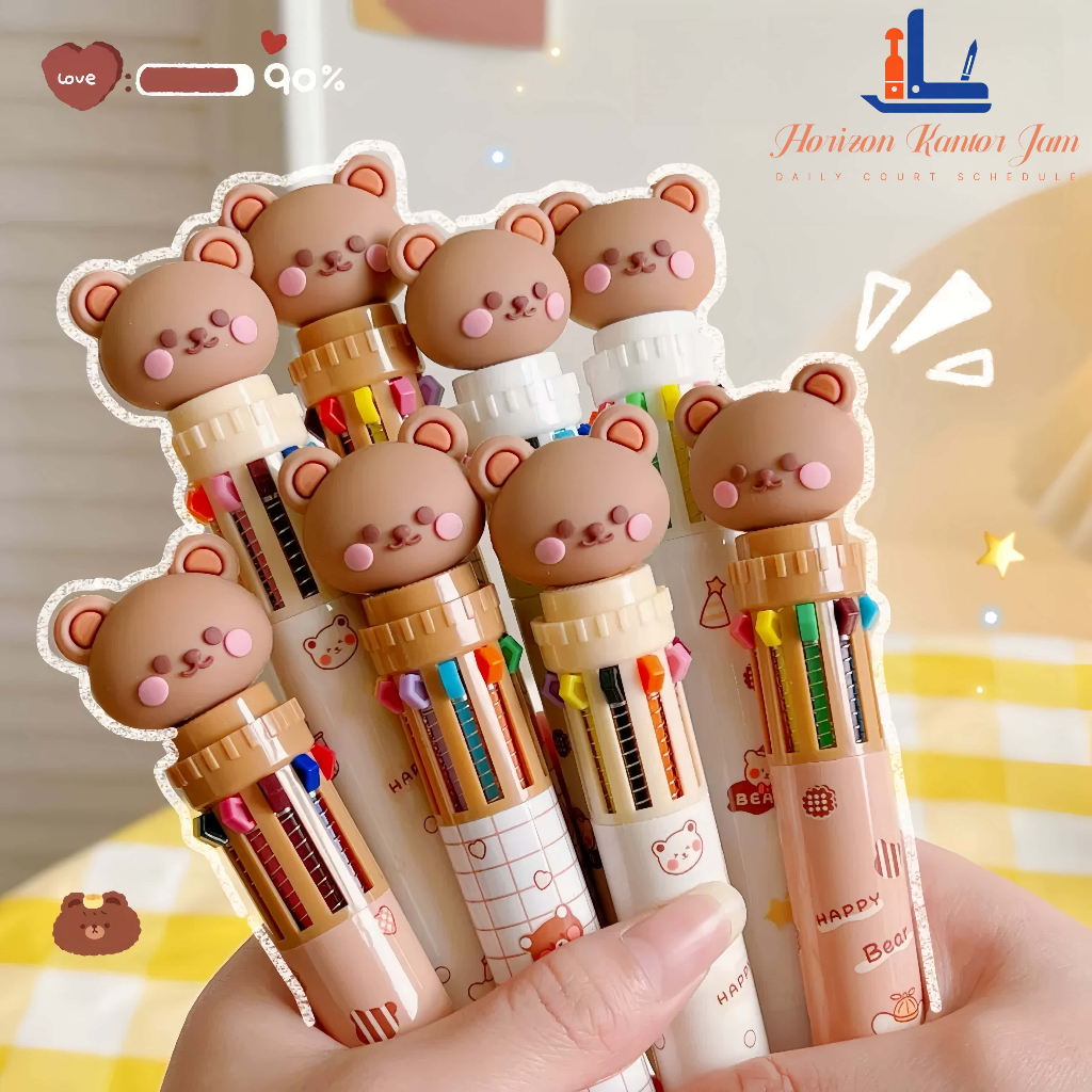 

10in1 Pulpen Kartun Beruang 10 Warna Model Tekan Pulpen Warna-Warni Untuk Siswa Alat Tulis 10 Warna