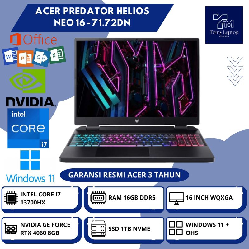 LAPTOP BARU ACER PREDATOR HELIOS NEO 16/ INTEL CORE I7-13700HX/ RAM 16GB DDR5/ SSD 1TB NVME/ 16INCH 