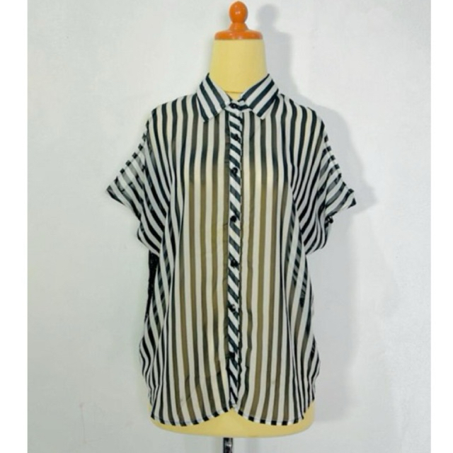 Atasan Blouse blus wanita bahan brukat brokat mix sifon siffon motif garis salur warna hitam putih b