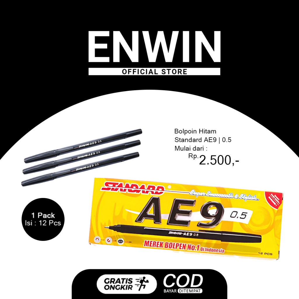 

BALLPOINT, BOLPEN, POLPEN, PULPEN, BP STANDARD AE9 HITAM ( 1 Pcs )