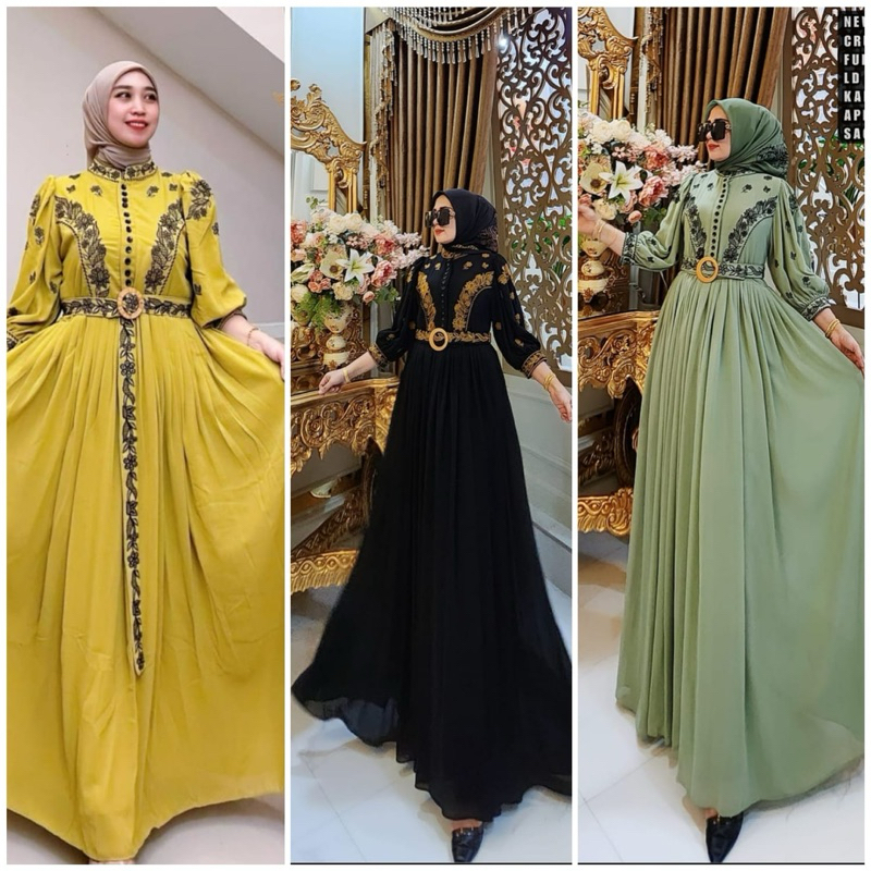 Gamis SHR ceruty  full bordir lengan balon